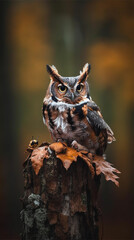 Wild horned owl in the forest during autumn (close-up) - Vertical