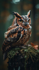 Wild horned owl in the forest during autumn (close-up) - Vertical