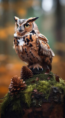 Wild horned owl in the forest during autumn (close-up) - Vertical