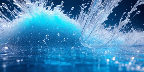 Water splash and wave swirl and drops. Liquid splashing aqua dynamic motion, blue water flow with spray droplets side view on blue sky background, realistic pure water splashes. Generative AI
