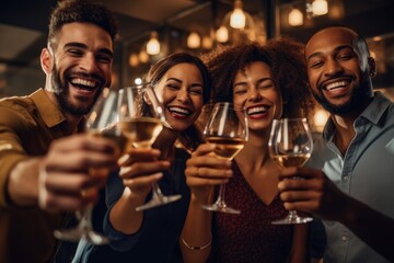 A group of friends as they toast and celebrate in a close - up shot. Generative AI