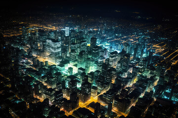 Aerial view of a large city at night with colorful lights, generative AI