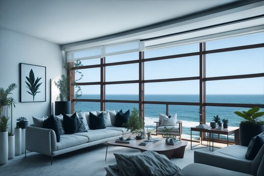 Luxurious beachfront living room with exquisite furniture and breathtaking ocean views