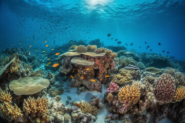 Naklejka na ściany i meble Enchanting Underwater Wonderland: Captivating Coral Reef and Colorful Marine Life