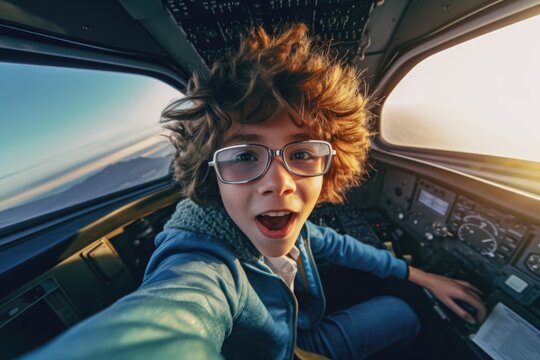 Self portrait of young boy inside airplane pilot cabin. Ai generative art