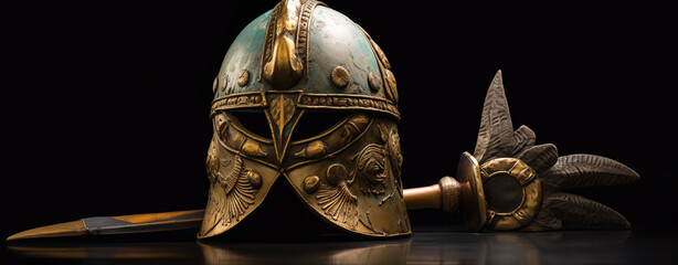 minoan soldier ancient armor sword and helmet artifact isolated effect ai generated
