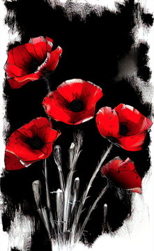 black and red drawing of poppy flowers on a white background, ink, design