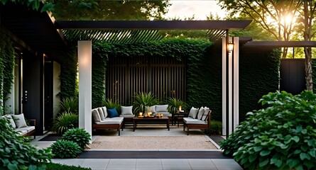 Photo of a modern outdoor patio with comfortable seating and a covered area - obrazy, fototapety, plakaty