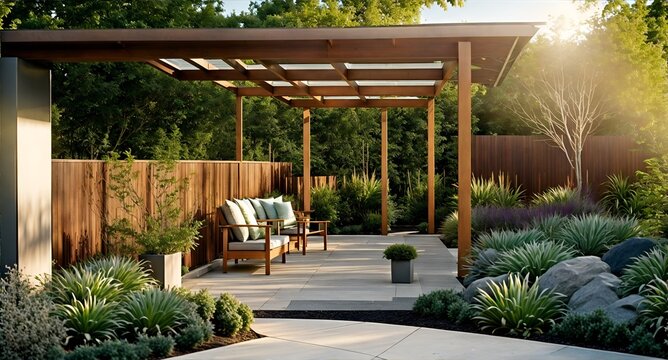 Photo of a modern outdoor patio with wooden pergola and comfortable seating