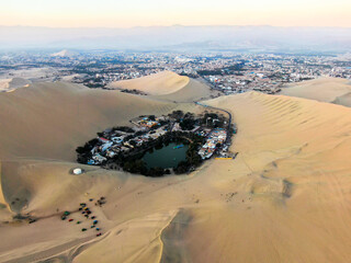 Oasis of huacachina from above in the peru desert
