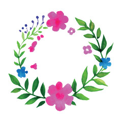 Beautiful Floral Wreath with Watercolor Flowers and Green Leaves
