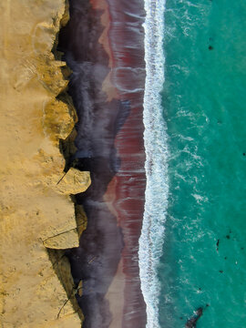 Coast of Peru: top down famous playa roja of national park paracas close to Ica