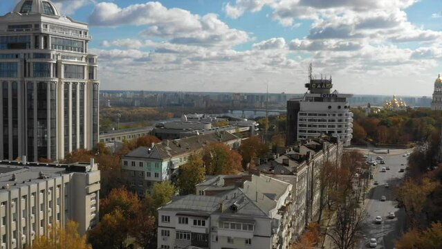 Park of Glory, Metro Bridge, Pechersk Lavra, Aerial drone footage. Dnipro river view. panorama of Kyiv in summer. Aerial drone footage of Arsenalna district in Kyiv,Ukraine shot with flying camera 