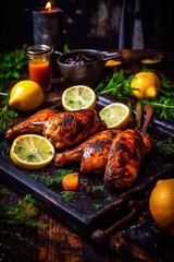 Fototapeta na wymiar Shot of a Well Roasted Chicken with Lemon near it as a Decor. Studio Photography, Professional Color Grading, Commercial Shot. Generative AI.