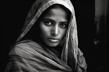 Portrait in B&W of an Indian woman wearing traditional clothes while working in an urban setting in India.