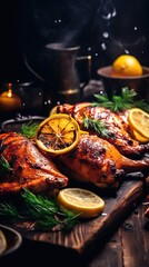Shot of a Well Roasted Chicken with Lemon near it as a Decor. Studio Photography, Professional Color Grading, Commercial Shot. Generative AI.