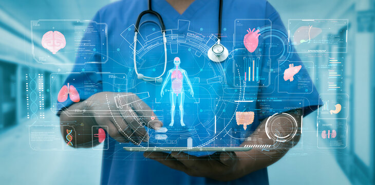 Doctor touch hologram of human system. Medical future technology and innovative concept. The concept support the health of the internal organs of the body.Modern medicine,healthcare,medical insurance