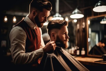 A close - up shot of a skilled male barber carefully trimming a man's hair in a luxurious barbershop. Generative AI