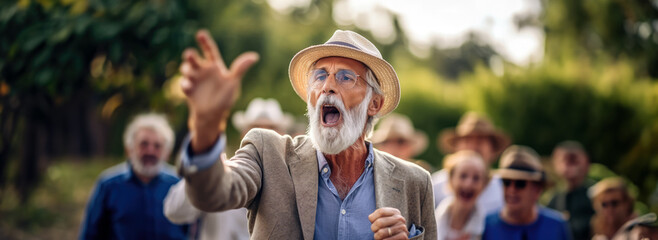Senior old man activist angry shouting for his cause among people demonstration protester as wide banner with copy space area - generative AI