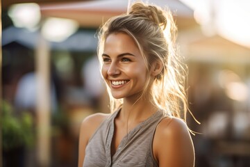 A young girl walks smiling and happy down the street, looking excited. Ai generated.