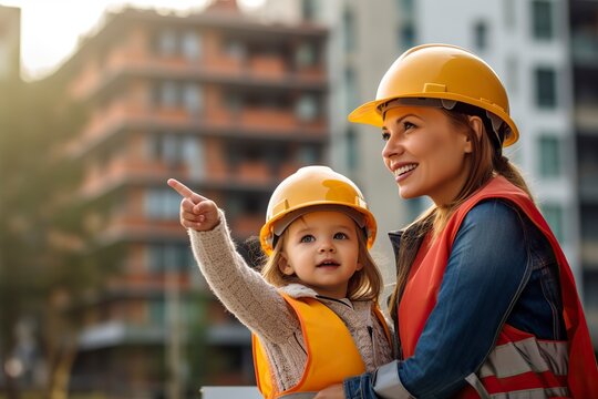 A talented woman architect proudly shows her daughter her latest work, both wearing construction helmets. AI Generated - Powered by Adobe