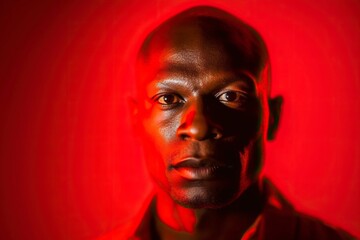Portrait of a black man on a red background, illuminated with intense red light. Ai generated.