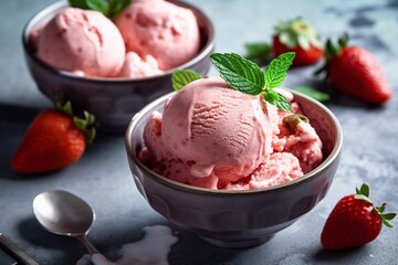 Scoops of ice cream in a bowl, refreshing strawberries. Ai generated. - obrazy, fototapety, plakaty