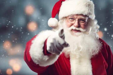 Santa Claus with a long white beard points his finger and smiles, copy space for advertising. AI generated.