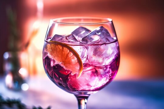 refreshing taste of a purple glass of gin and tonic, garnished with ice. AI Generated.