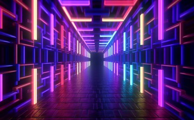 3d render. wallpaper and Illustration background Geometric figure in neon light against a dark tunnel. Laser glow 