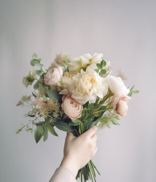 Female hand holding bouquet of flowers.