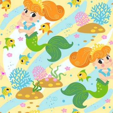 Seamless pattern with funny mermaids vector illustration
