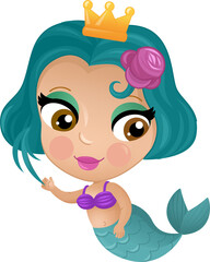 cartoon scene with mermaid princesss wimming near coral reef isolated illustration for kids