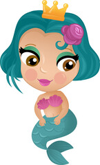 cartoon scene with mermaid princesss wimming near coral reef isolated illustration for kids