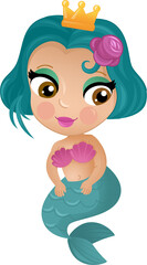 cartoon scene with mermaid princesss wimming near coral reef isolated illustration for kids