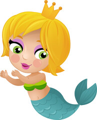 cartoon scene with mermaid princesss wimming near coral reef isolated illustration for kids