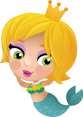 cartoon scene with mermaid princesss wimming near coral reef isolated illustration for kids