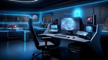 Naklejka premium The seamless integration of advanced technology with artificial intelligence, depicting a sleek and minimalist computer setup that embodies cutting-edge innovation. *AI Generated