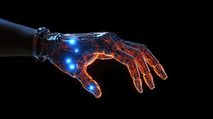 Highly detailed close up of a robot's hand. Heated up, glowing, mechanical, active, activated cybotic body part. Generative AI