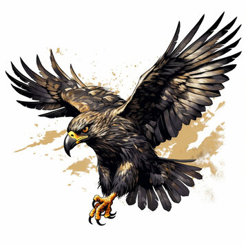 angry hawk made of black and gold in attack mode no background