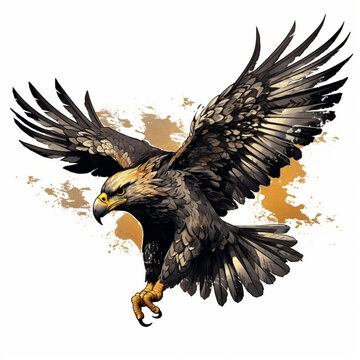 angry hawk made of black and gold in attack mode no background