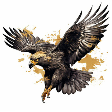 angry hawk made of black and gold in attack mode no background