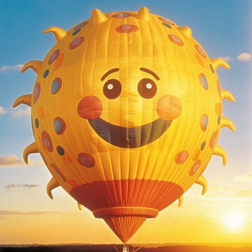 enveloped hot air balloon with the face of the sun from american program TELETUBBIES