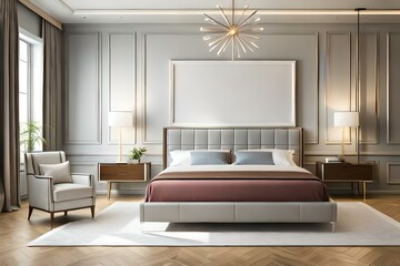 Light modern luxury bedroom with huge king size bed and vertical photo frame on the wall