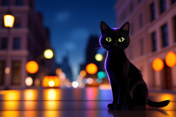  A black kitten, cat in the background of the city. Generative AI