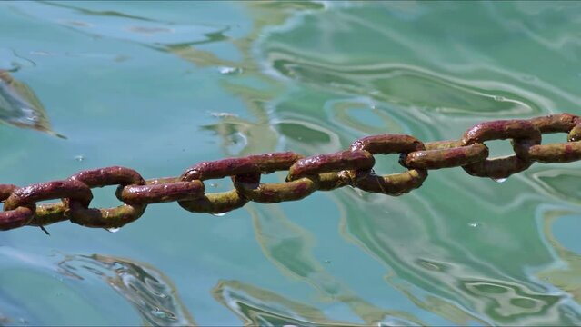 Rusty Chain Swinging Across Seawater Footage.