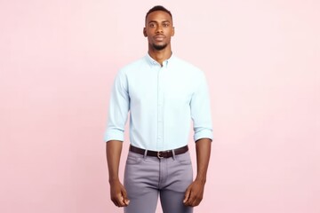 Fullbody Portrait of a Black Man Wearing Casual Clothes Standing on a Plain Pastel Background. Generative AI Illustration.