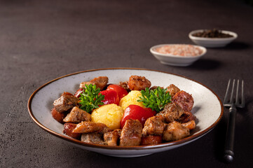 Romanian festive dish pomana porcului consisting of pieces of fried pork and sausages with pickled red peppers and polenta close-up on a plate on dark background. Horizontal.
