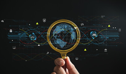 Cloud big data under magnifying glass, symbolizing digital network connection and modern...