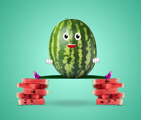 Creative artwork. Happy watermelon training. Slice of fruit with drawings on turquoise background